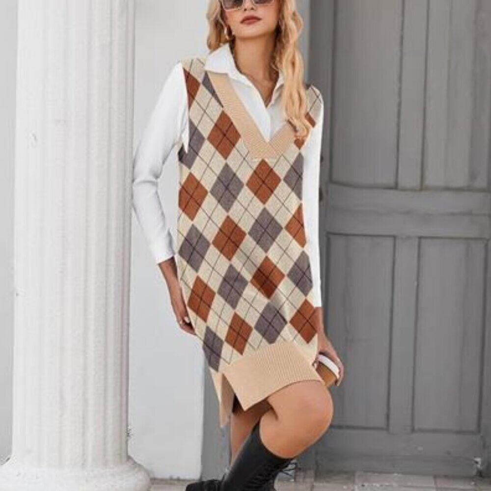 Women's Khaki Diamond Sweater Vest Dress Oversized Sleeveless Pullover V Neck - Picture 5 of 6